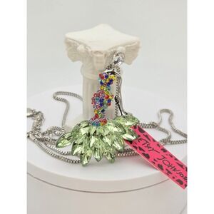 New! BETSEY JOHNSON Lady Necklace Brooch Colorful Crystal Dress Silver Plate 30"